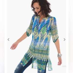 Chico’s Ikat Breeze boho button down Tunic Top Shirt, bright.  (Chico’s 3) NWT